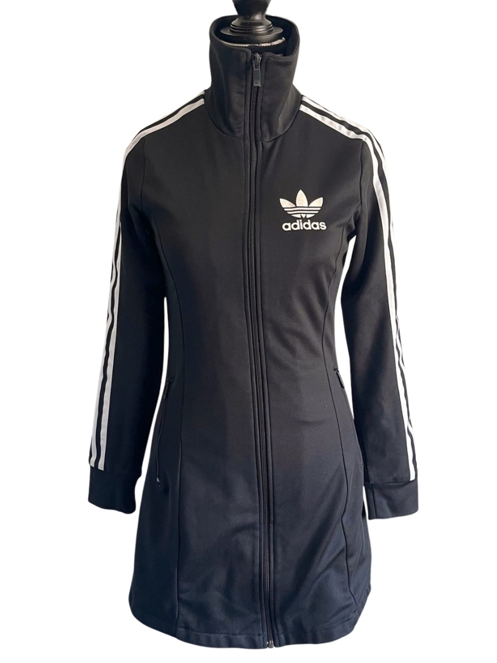 Adidas Originals Black Track Jacket Dress 3 Stripe Zip Up Sporty Y2K XS